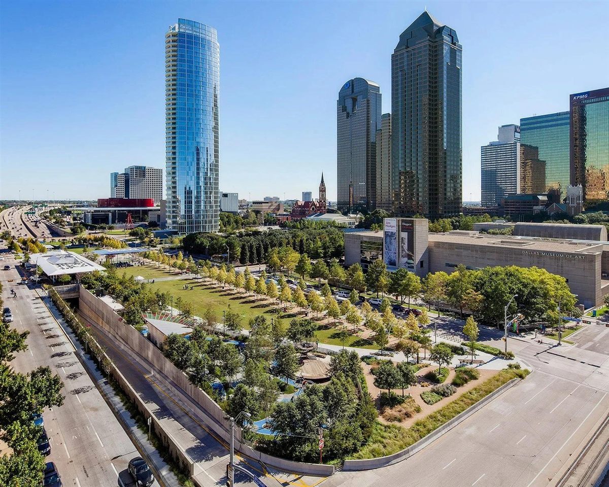 Downtown Dallas skyline over Klyde Warren Park